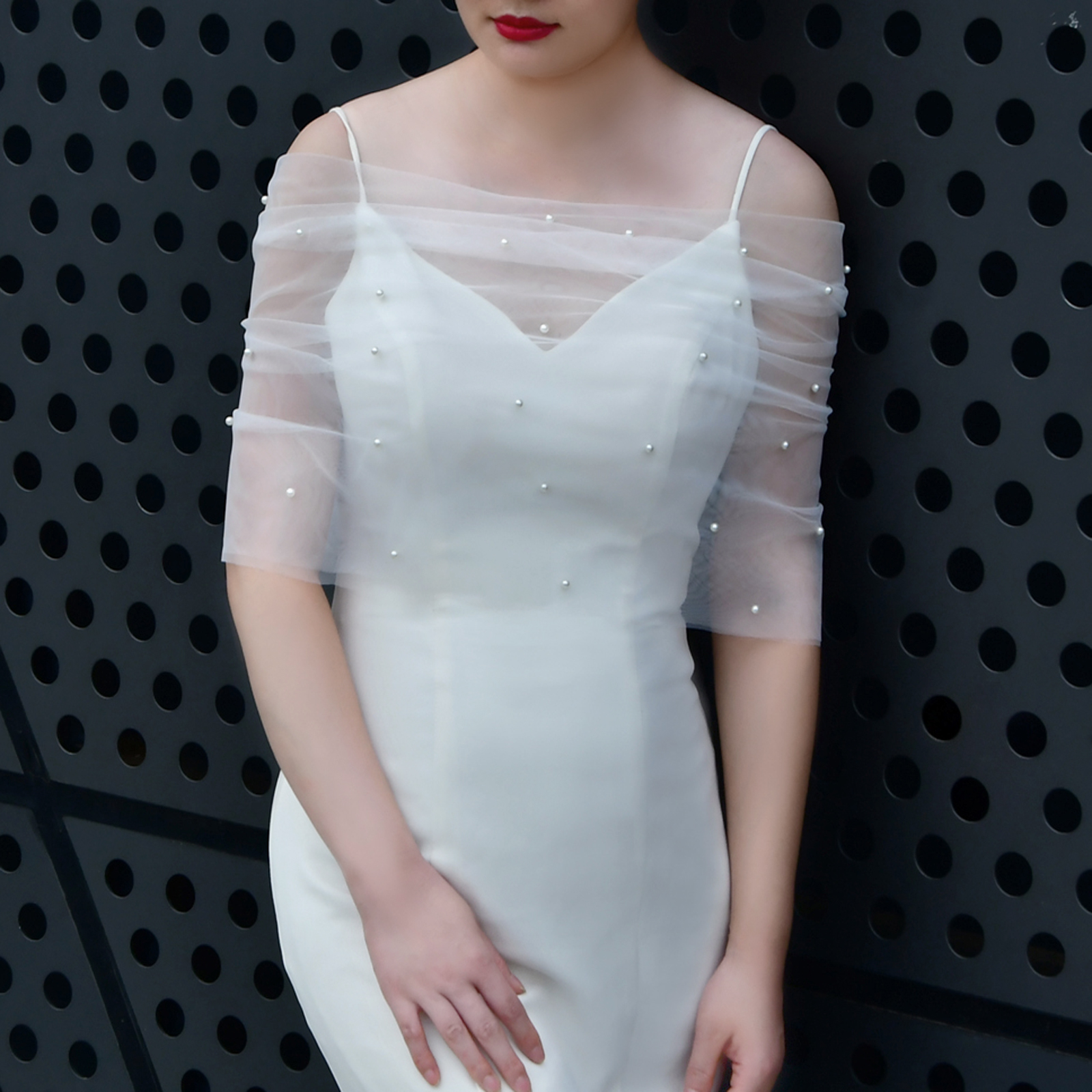 VG73 Hochzeitsjacken, durchsichtiges, schlichtes Oberteil, durchsichtiges Bolero, Brautweste, kurzer Hochzeitsschal, Bachelorette-Party-Zubehör: L / Beige
