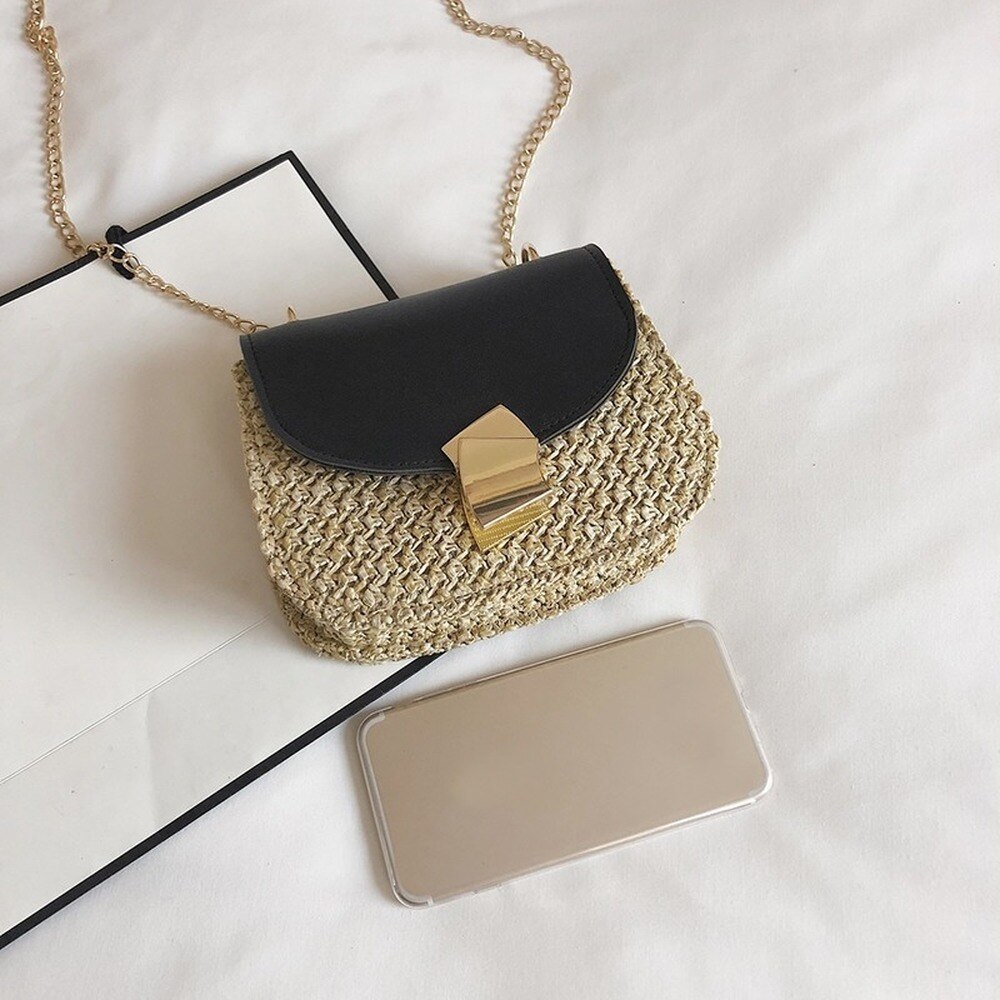 Vrouwen Messenger Bag Stro Strand Geweven Rotan Tas Ketting Band Vrouwelijke Schoudertas Kleine Dames Crossbody Flap Bag Bolsa Feminina