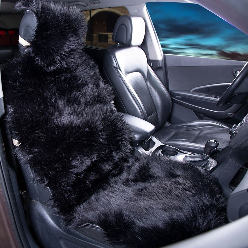 Kawosen 1 Stuk Lange Faux Bont Bekleding, Universele Kunstmatige Pluche Auto Stoelhoezen, leuke Pluche Sneeuw Zitkussen LFFS02: 1x Black Seat