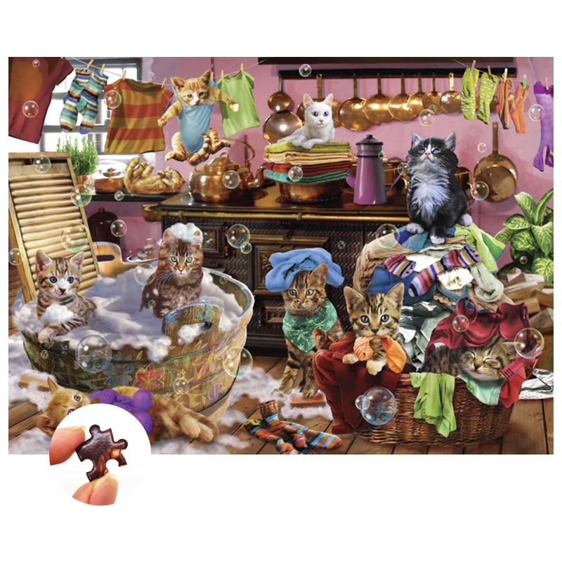 Kæledyr puslespil 1000 stykker træ pædagogisk legetøj til børn / børn / voksne kunsthåndværk dekorativt maleri-de badende katte