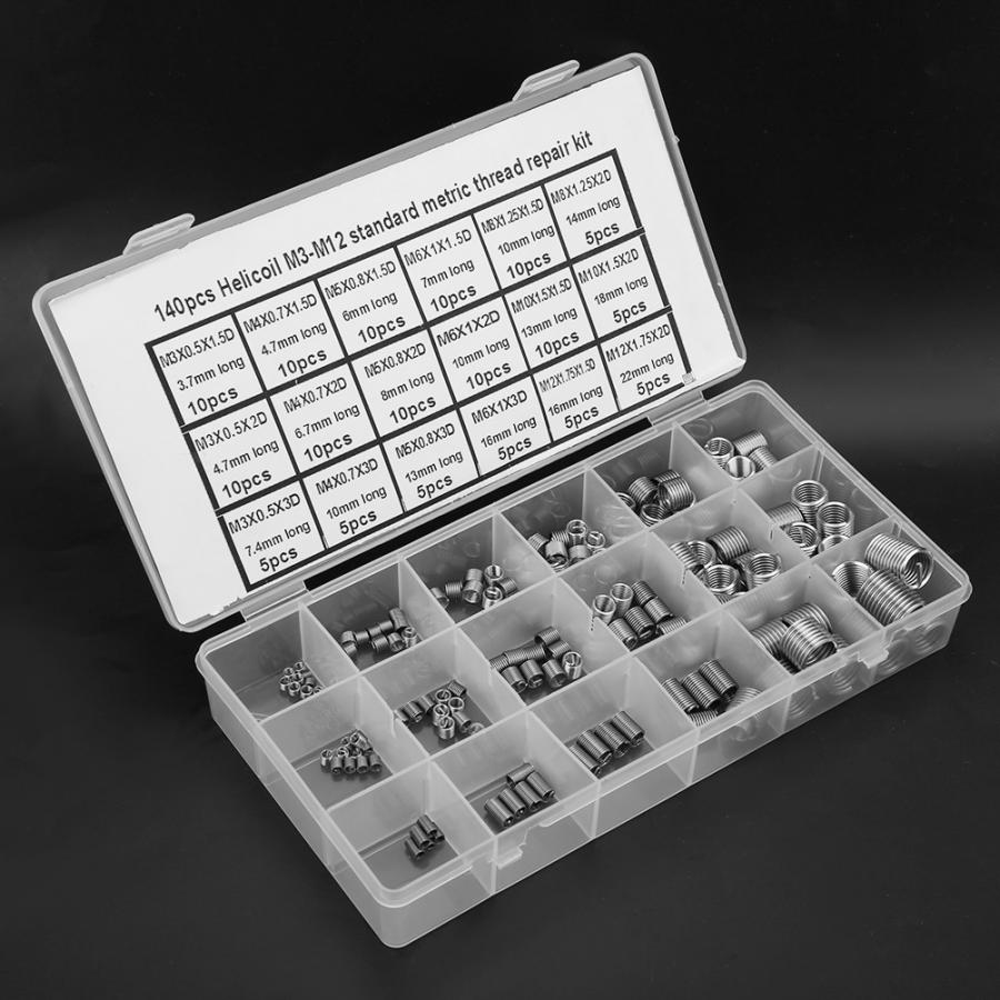 Screw Thread Insert 140Pcs Wire Threaded Insert Stainless Steel Thread Repairing Tool with Box M3-M12 thread repair insert
