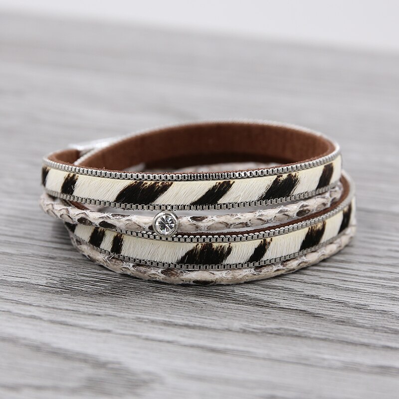 STRATHSPEY-Pulseras envolventes multicapa para mujer, pulsera de cuero con estampado de animales, brazalete Vintage de diamantes de imitación, joyería de cebra