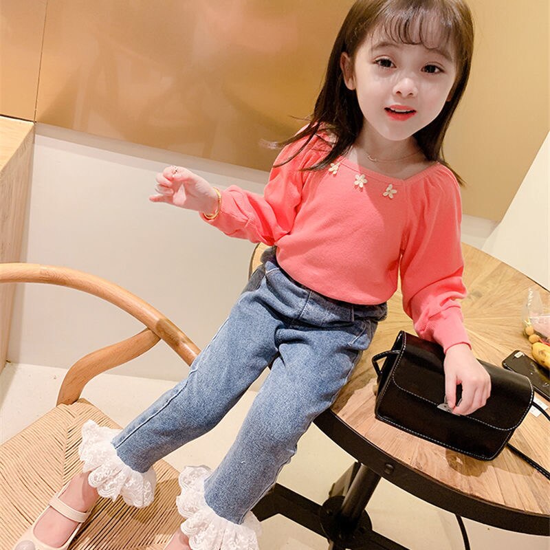 Ripped Jeans For Kids Children&#39;s Wear Girls Spring Autumn Versatile Lace Trousers Pants