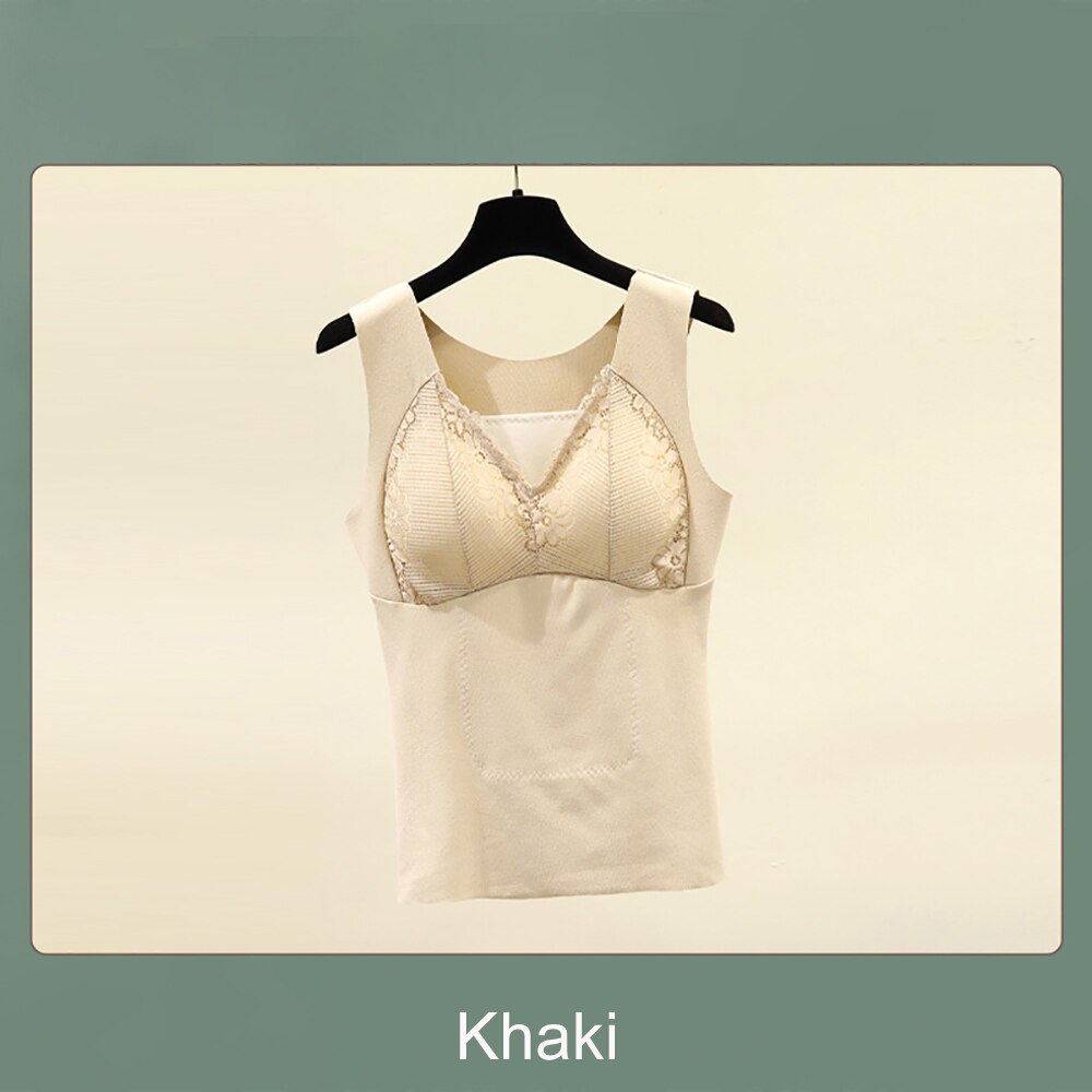 Frauen Winter warm Plus Samt Panzer oben sexy V-ausschnitt Spitze Ernte Spitzen Leibchen Dicke Weibliche oben Mit gepolstert Seide Patch caraco femme: Kakifarbig / M Pro 40-50kg