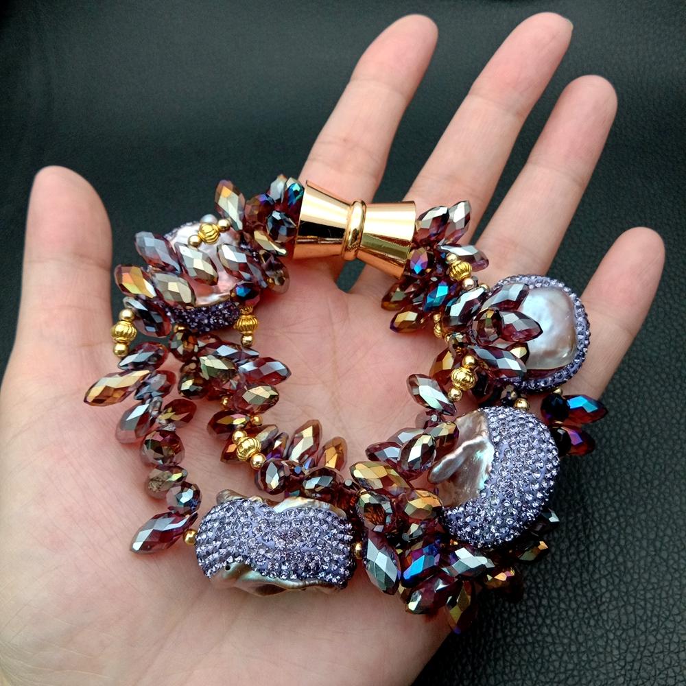 8 "3 brins violet Keshi perle d'eau douce facette larme haut percé Bracelet en cristal