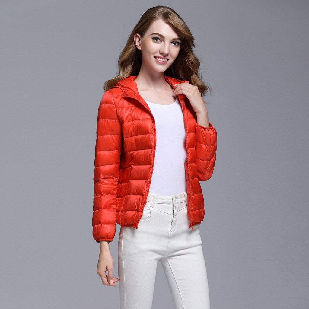 Winter Coat Women Ultra Light Down Jacket White Duck Down Hooded Jackets Parka Casual Female Long Sleeve Solid Outwear Coat: Orange / M