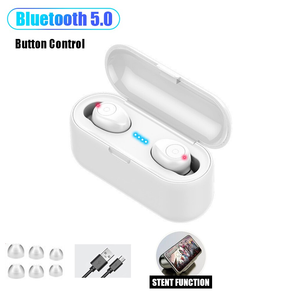 F9 trådløse hovedtelefoner bluetooth 5.1 øretelefoner tws hifi mini in-ear sports løbe headset support ios/android telefoner hd opkald: F9-1 knapper hvid