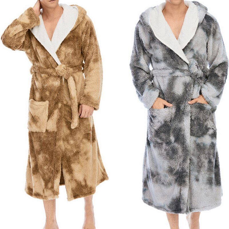 Winter Warm Flannel Bathrobe Men Knee-Length Bath Robe Soft Thick Tie-dye Print Plush Hooded Robes Male Dressing Gown Sleepwear