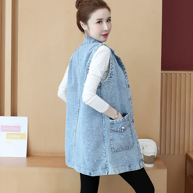 Chaqueta vaquera sin mangas para mujer, chaleco vaquero holgado de longitud media con botones, color azul claro, coreana, talla grande, informal