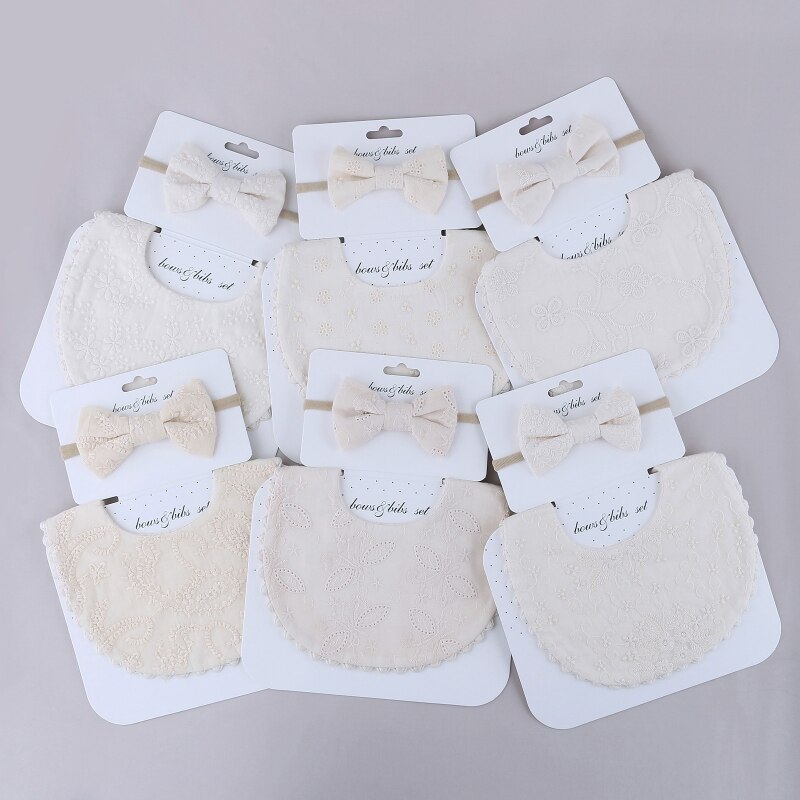 Baby Bib Sjaal Borduren Afdrukken Voeden Kiel Strik Haarband Set Speeksel Handdoek Bandana Elastische Bows Hoofdband