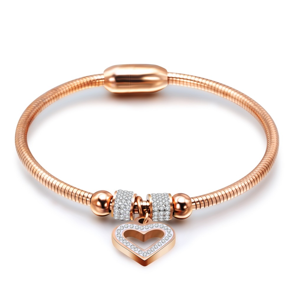 Style Heart Crystal Charm Bracelet Bangles Magnet Clasp With Snake Chain 316L Stainless Steel Women Wedding jewelry