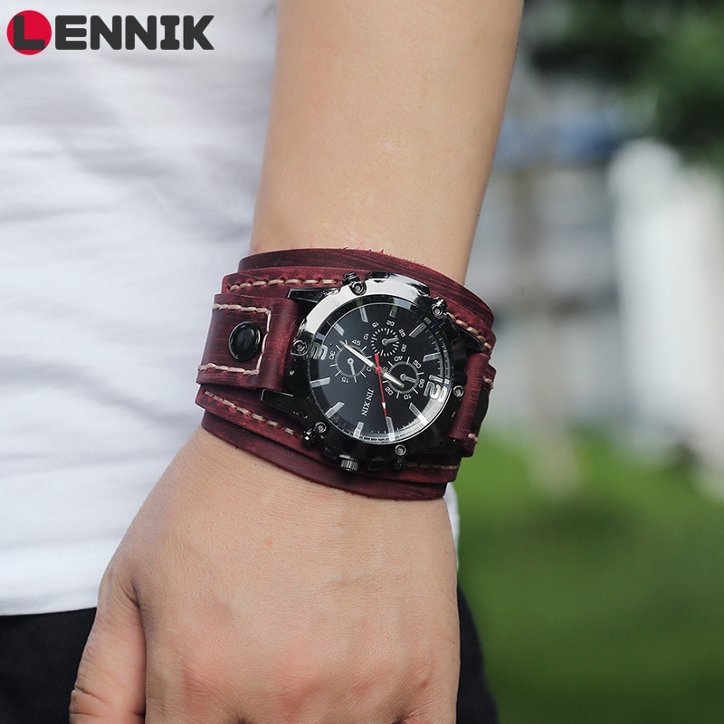 LENNIK Punk Wide Leather Bracelet Watches Black Brown Bangles