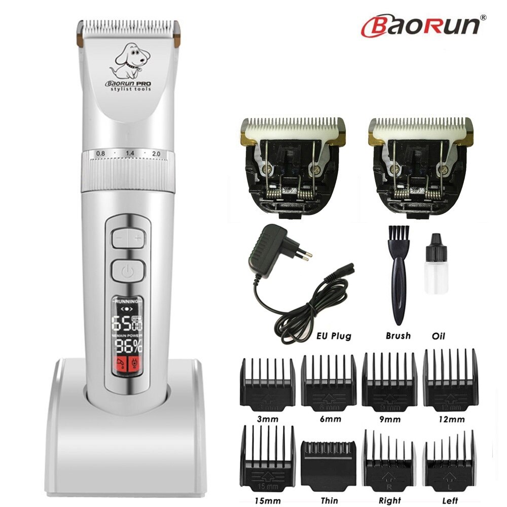 BaoRun P9 Clipper Dogs LCD Screen Pet Cat Clippers Electrical Grooming Trimmer Rechargeable Haircut Machine Animals: White Add B B Blades