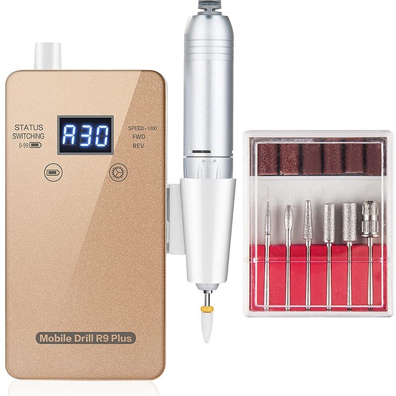 Portable Rechargeable Nail Drill Machine 30000RPM Manicure Machine Electric Nail File Nail Art Tools Set for Nail Drill bit: Gold / EU