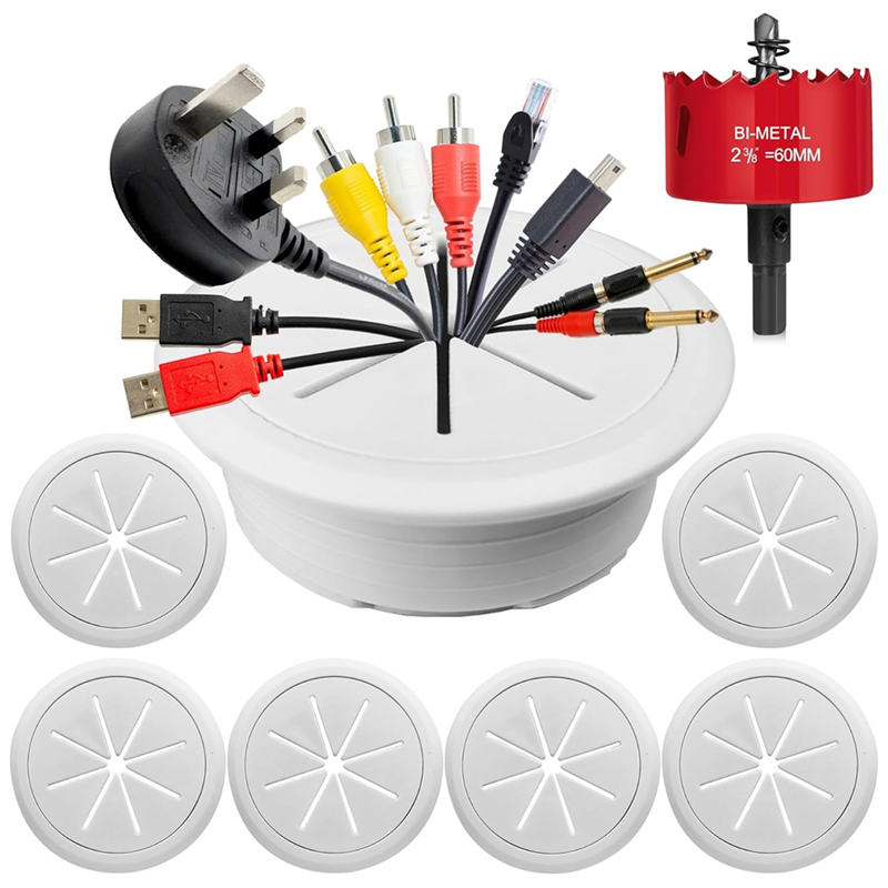 AFOURT-6PCS TV-Kabelversteck 2-3/8"(60mm) In der Wand Kabelmanagement-Kit Kabelversteck für wandmontierte TV-Lochsägen-Bohraufsatz: WEISS