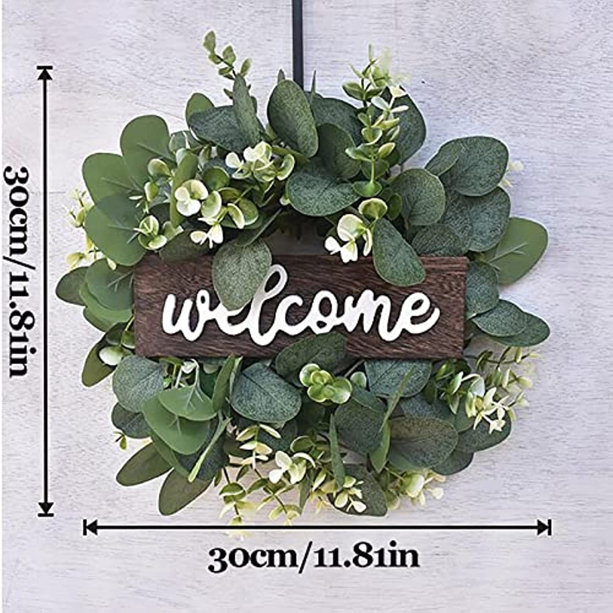 Green Eucalyptus Wreath with Welcome Sign Artificial Eucalyptus Wreath Spring Summer Wreath with White Berries for Front Door