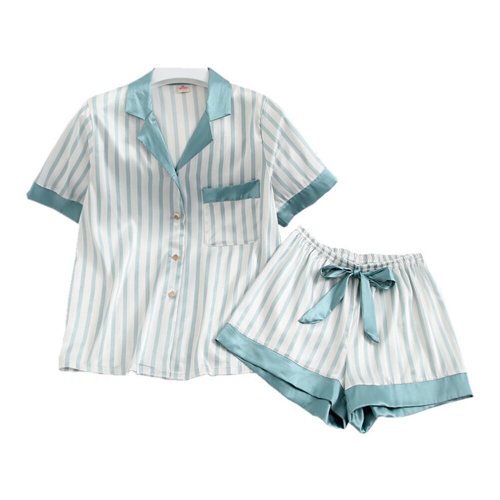 Women's Pajamas Set Stripe Short Sleeves Loose-Fit Two-Piece Nightwear Top and Shorts Set for Summer Skin-friendly Silk: XL