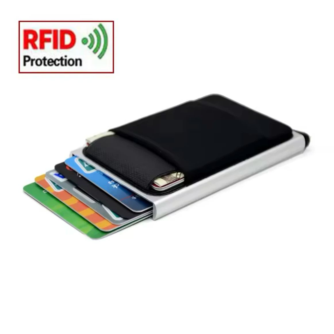 Schlanke RFID-Geldbörse aus Aluminium mit Elastizitäts-Rückseite, Ausweis-Kreditkartenhalter, Mini-RFID-Geldbörse, automatisches Pop-up-Bankkartenetui