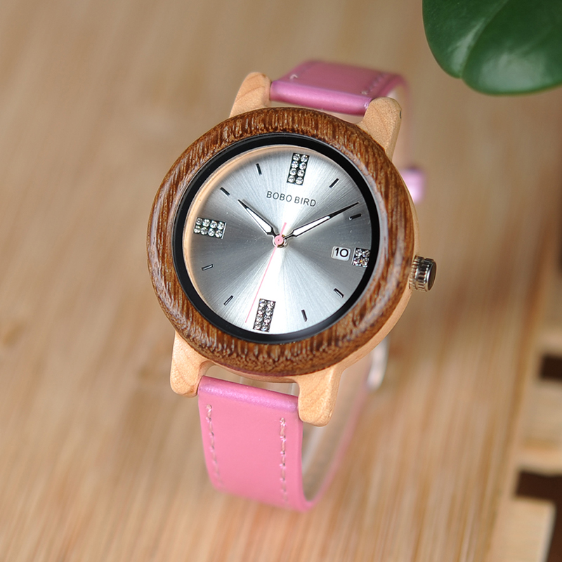 BOBO VOGEL Frauen Holz Uhr 37mm Holz PU Gurt Armbanduhren Weibliche Uhren Dame Quarzuhr relogio feminino C-P29