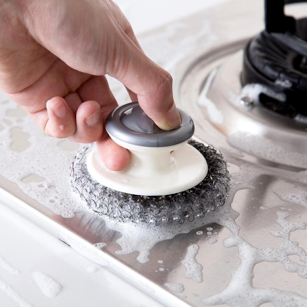 OTHERHOUSE Steel Wool with Handle Kitchen Cleaning Brush Scrubbers Wire Wash Steel Ball Pan Pot Bowl Dish Brush Cleaning Tools