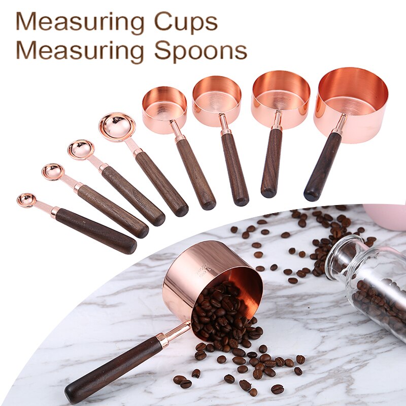 Walnut Handle Measuring Scoops Stainless Steel Plated Copper Kitchen Measuring Spoon Cup For Baking Brewing Measuring