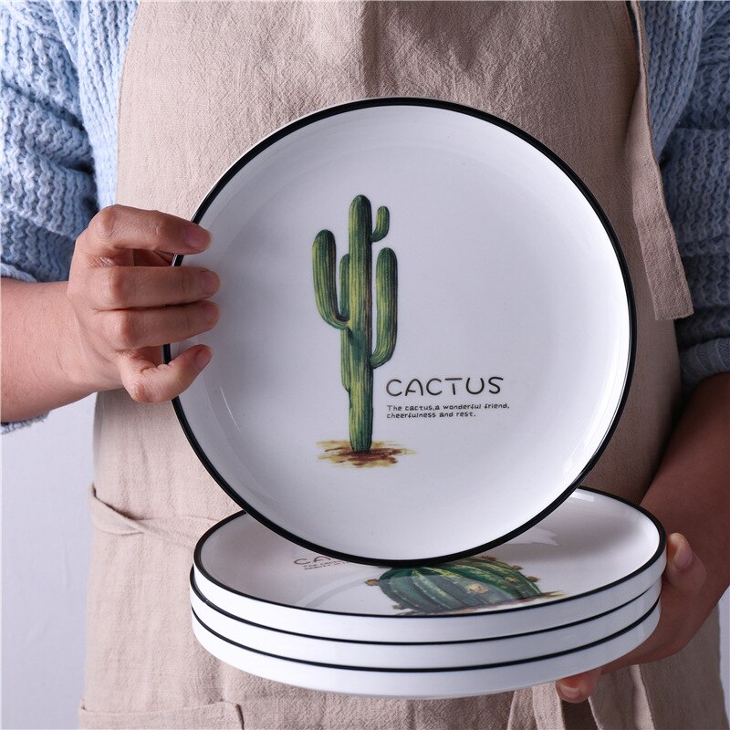 (4pcs) 8 inch Cactus Bone China Plate Tableware Dinner Salad Plates