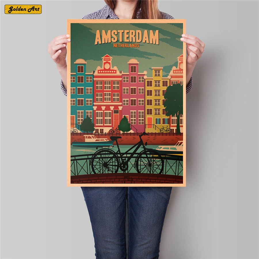 Amsterdam bygning plakat væg kunst klistermærke vintage kraftpapir cafe pub bar hotel indretning håndmalet landskab billede 42 x 30cm