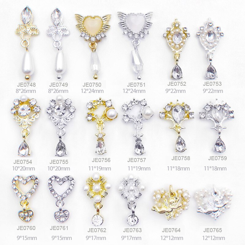 10pcs-Heart Jewelry Nail Dangle Charms Angel With Pearls+Rhinestones Decors For Acrylic Nails 18 Manicure Decorations #F2