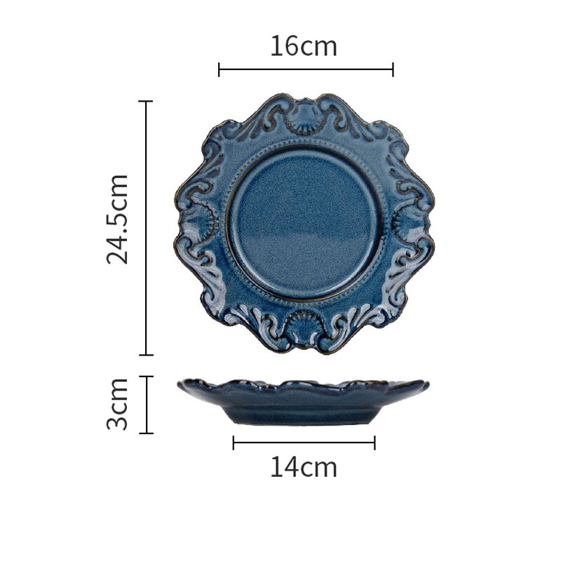European retro ceramic dinner plates embossed Blue White Dinnerware porcelain dessert cake plate round bowls kitchen Tableware: 9.6 inch Blue
