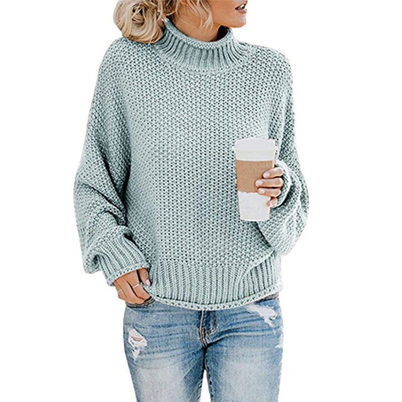 Knitted Turtleneck Warm Women's Sweater Autumn Long Lantern Sleeve Female Sweaters Winter Casual Solid Ladies Pullover: Blue