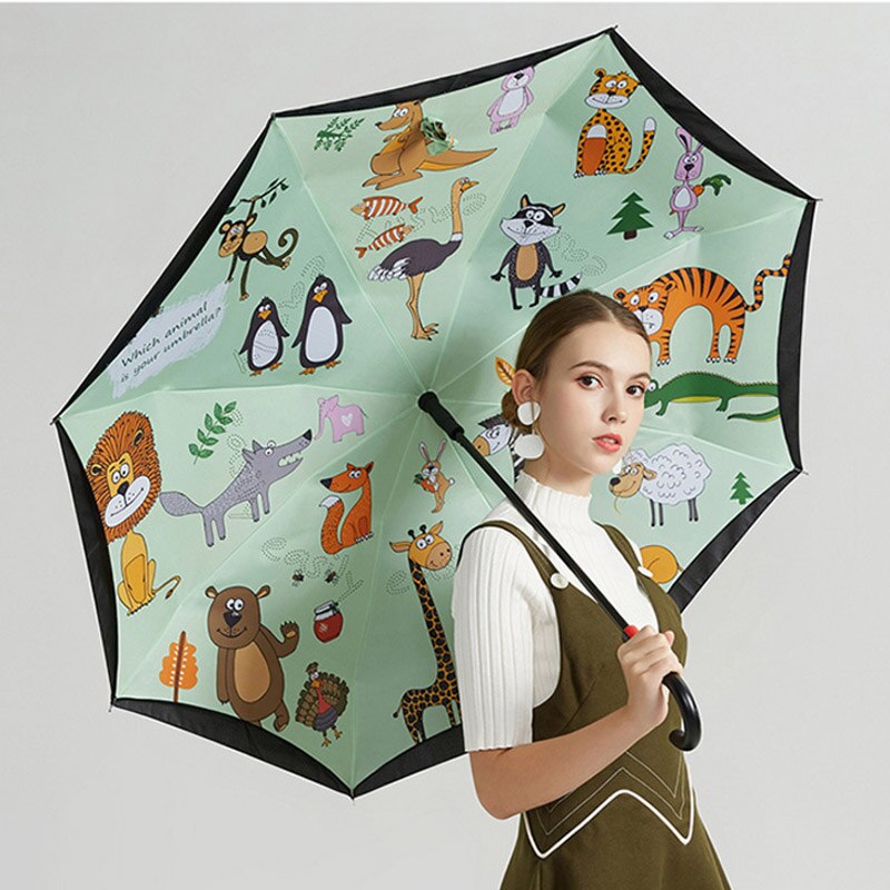 C-krog håndtag omvendt paraply dobbeltlag uv beskyttelse vindtæt bil paraply til kvinde semi-auto omvendt paraply mænd: Magisk skov