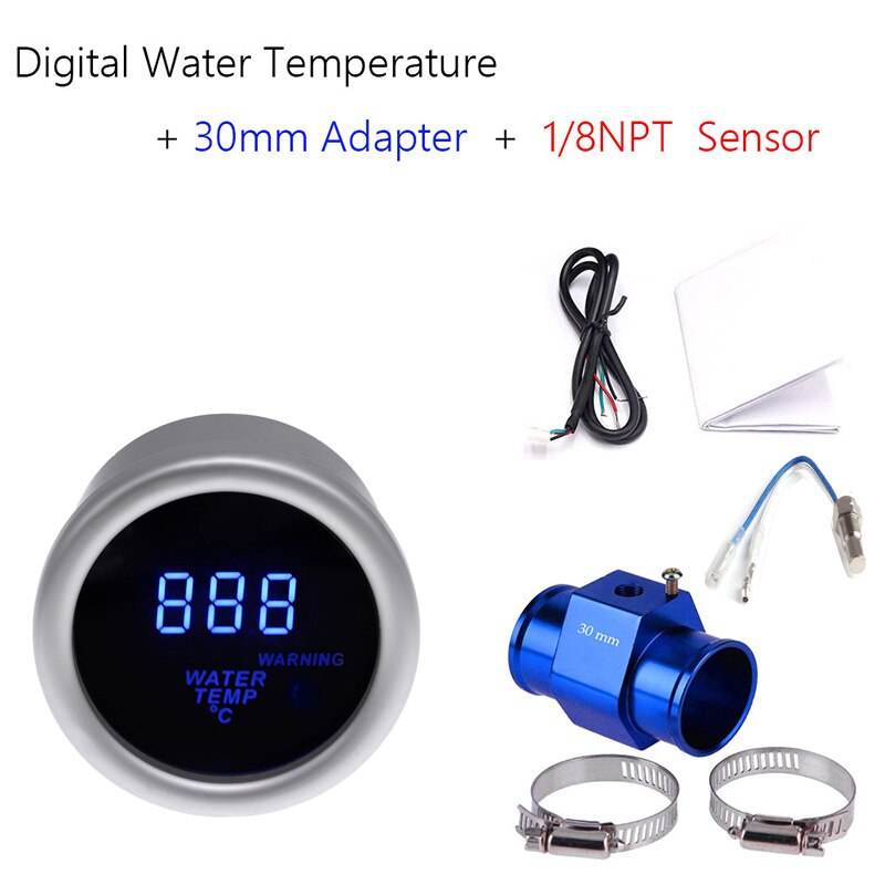 52mm motorcykel termometer digital bil vandtemperaturmåler 40 ~ 150 celsius med vand temp joint joint adapter 1/8 npt sensor: 30mm adapter