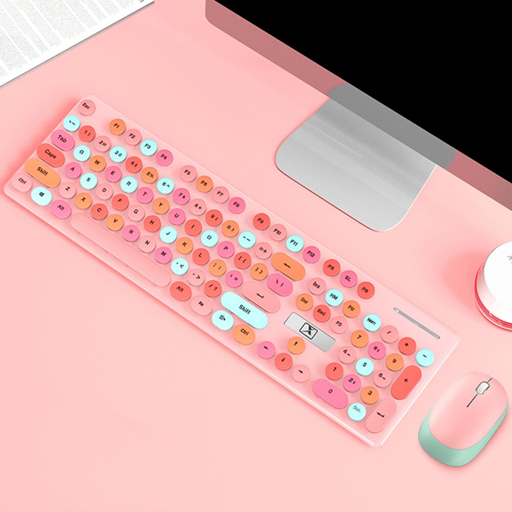 For Laptop Keyboard Mouse Combo Mute 2.4G Wireless Desktop PC Office Work Full Size Non Slip Portable Computer Cute Round Home: Pink