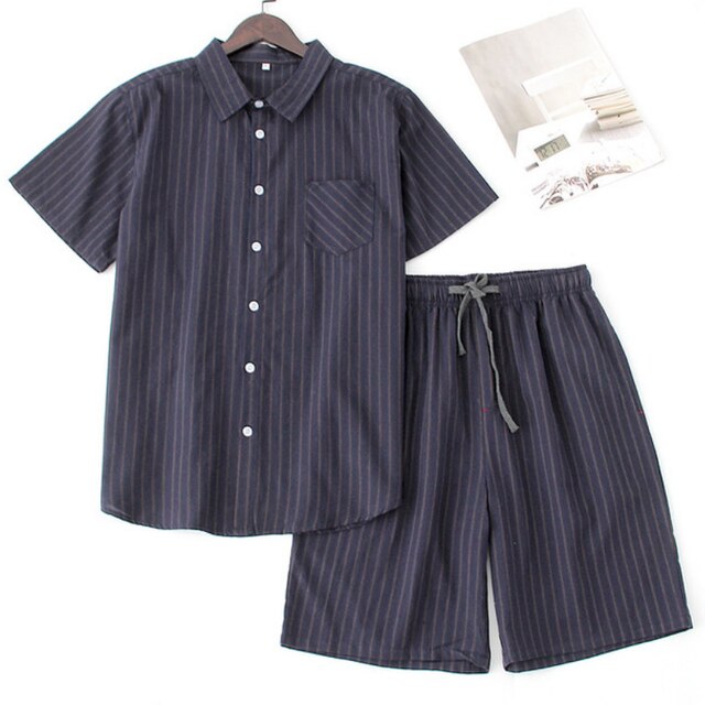 Man Zomer Pyjama Mannelijke Nachtkleding Korte Mouw Shirts Thuis Katoen Nachtkleding Slaap Tops &amp; Shorts Pyjama Set Mannen Homewear MY460: Navy Blue Stripe / Xl