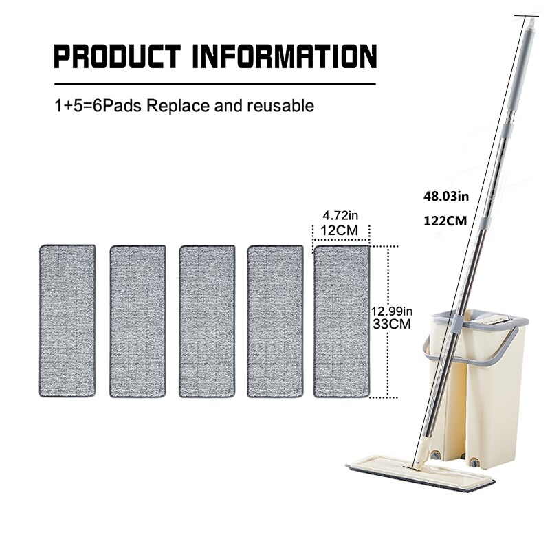 Hands Free Squeeze Mop with Bucket Home Kitchen Floor Mop 360 Rotating Flat Mop Lazy Mops Household Cleaning Tool: beige 6 rags