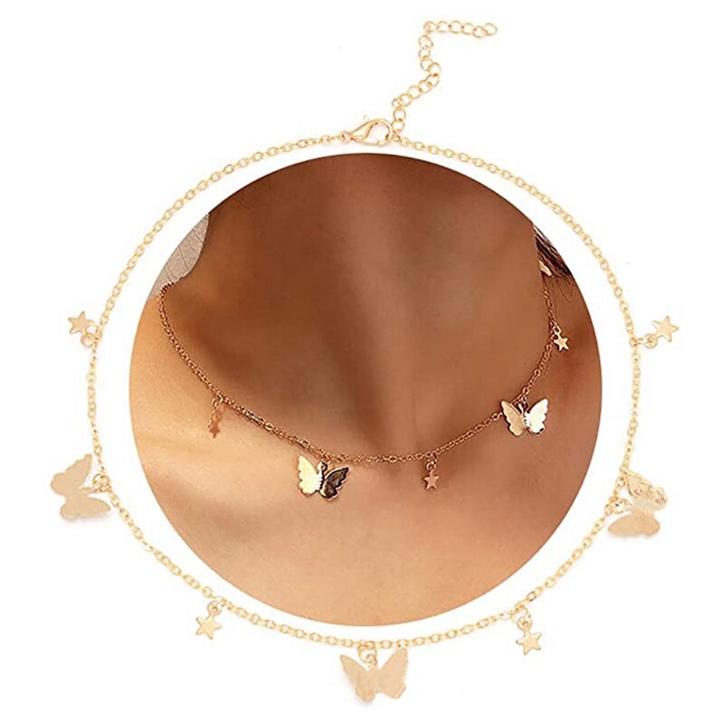 Women's Personality Pendant Butterfly Star Necklace Romantic Chain Necklace Girl Teen Friends Friends