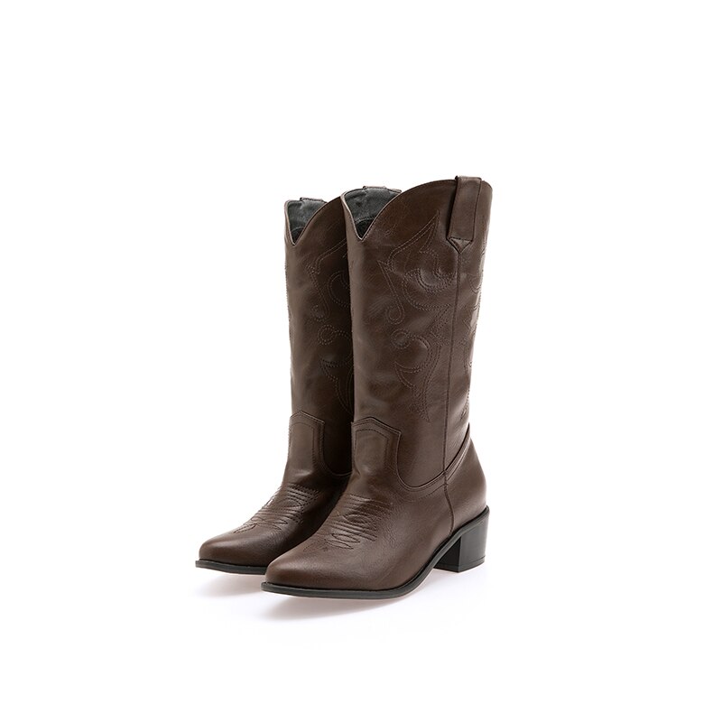 Spetsad tå western cowgirl boots vinter varma cowboy boots skor dam botas mujer svart ,brun plus storlek 43 ab877: Brun / 4.5