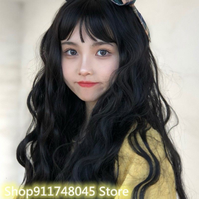 Peluca de cabello largo rizado largo para mujer, pelo negro con ondas de agua, flequillo de aire, lana rizada