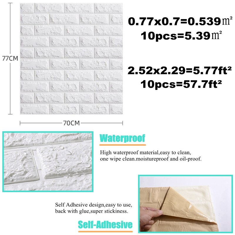 10pcs 3D Wall Sticker Imitation Brick Bedroom Decoration Waterproof Self Adhesive Wallpaper for Living Room Kitchen TV Backdrop