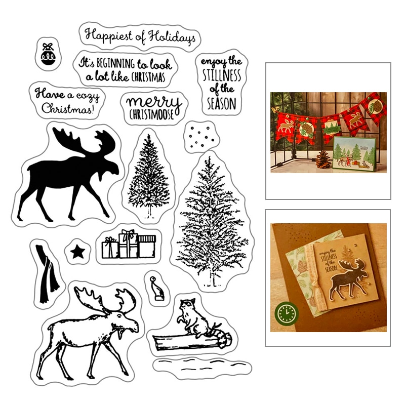 Christmas Trees Metal Cutting Dies and Animal Elk Sentiment Words Clear Stamps Sets Scrapbooking For Crafts Card Making