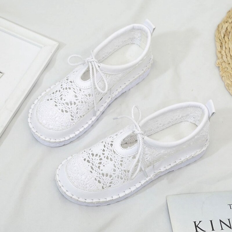 COOTELILI – chaussures plates respirantes à lacets pour femmes, Oxfords ajouré, bout rond, blanc, Beige