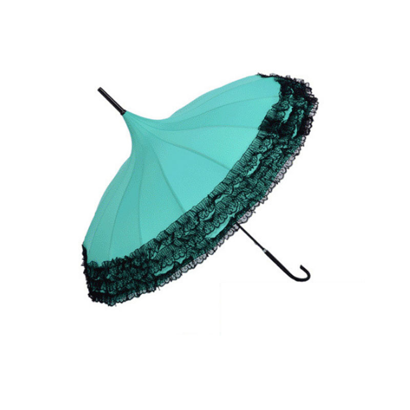 Princess Lace Pagoda Umbrellas For Straight Bar Semi Automatic Long Handle Hook Rain Gear Lady Sunshade Unbrellas Women Parasol: Lake Blue