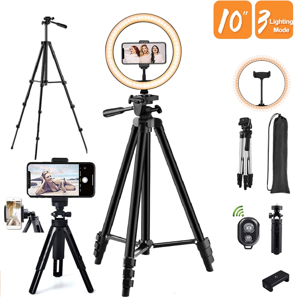 10 "LED Selfie anillo luz trípode teléfono soporte regulable lámpara escritorio RingLight círculo rellenar maquillaje ligero fotografía Trepied