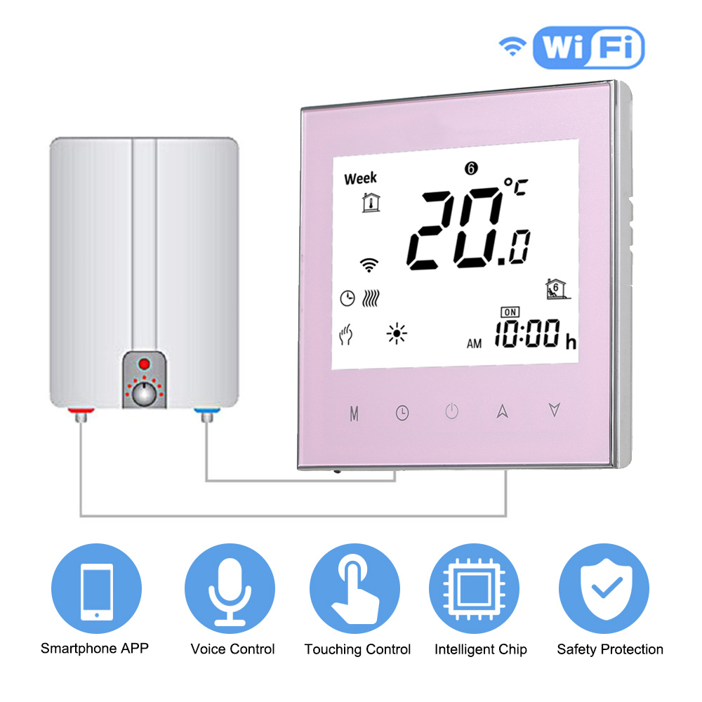 LCD Digital Touchscreen Thermostat For Water/Gas Boiler Heating with WiFi Connection&amp;Voice Control Energy Saving AC 95-240V: GC pink with wifi