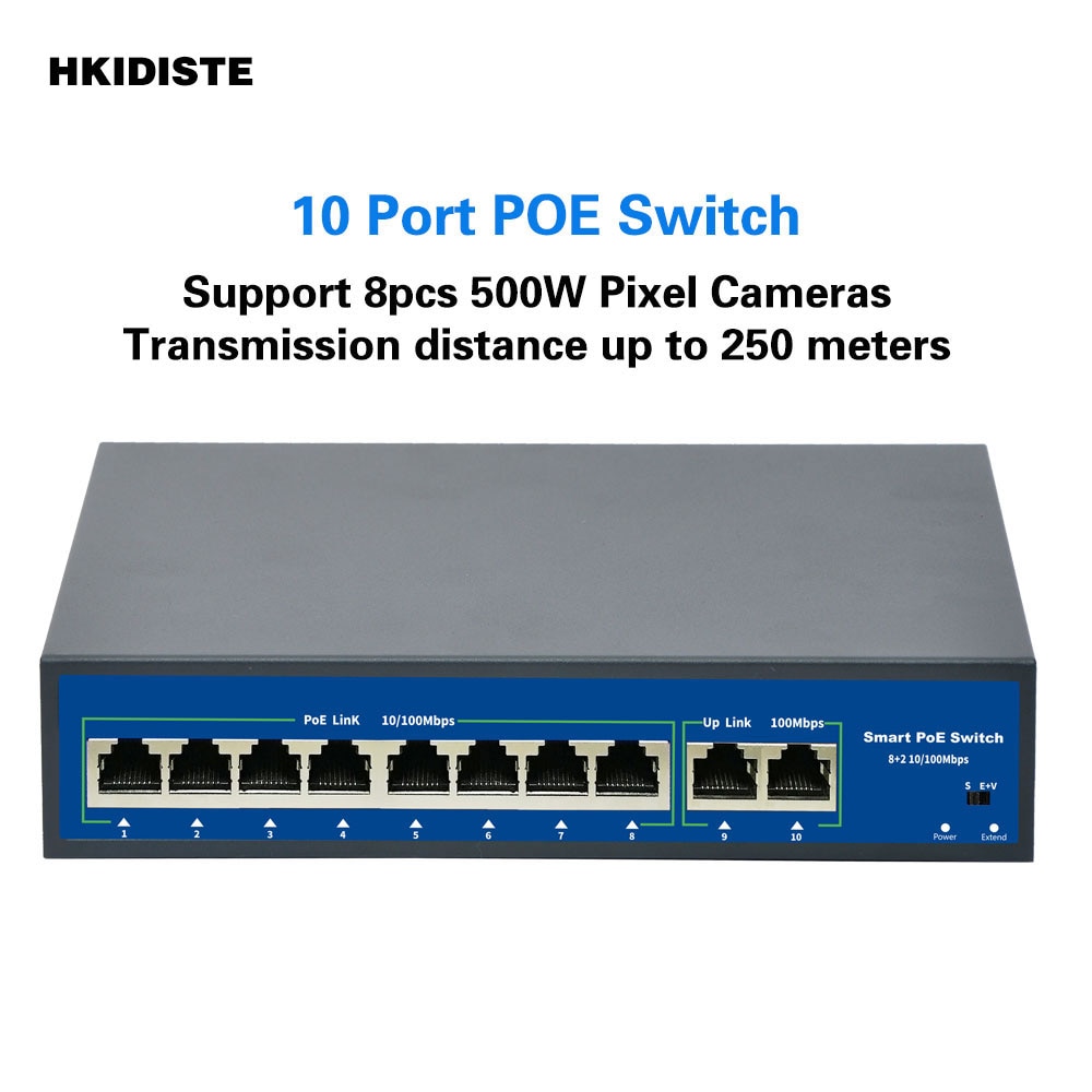 10Port POE Ethernet Switch 52V VLAN 10/100Mbps IEEE 802.3 Af/at Standard Network Switch for CCTV IP Camera Wireless AP 250M