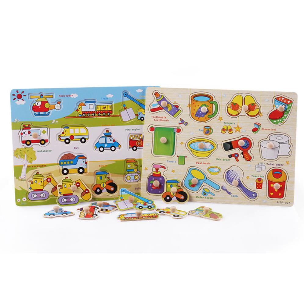 Pegs Style 3D Kids Wooden Puzzel Toys Animal Traffic Letter Life And Vegetables Graphic Intelligence Development Toys