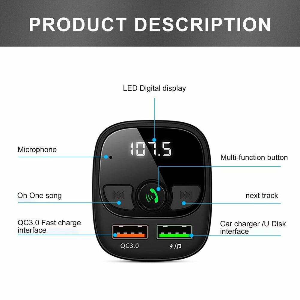 Qc3.0- fach-usb-autoladegerät mit zwei usb-anschlüssen für handys und  mp3 bluetooth-player, multifunktionaler auto-musikempfänger