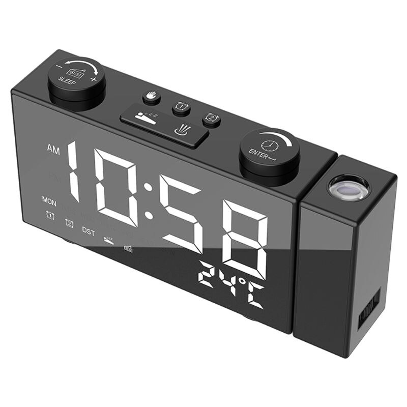 LED Digital FM Radio Projection Alarm Clock Snooze Timer Temperature Display with USB Charge Cable Home Decor