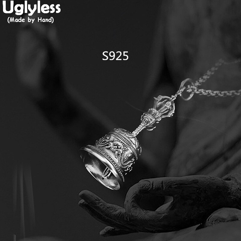 Uglyless Real 925 Sterling Silver Handmade Engrave Bell Pendant without Necklace Unisex Ethnic Vintage Fine Jewelry Vajra Bijoux