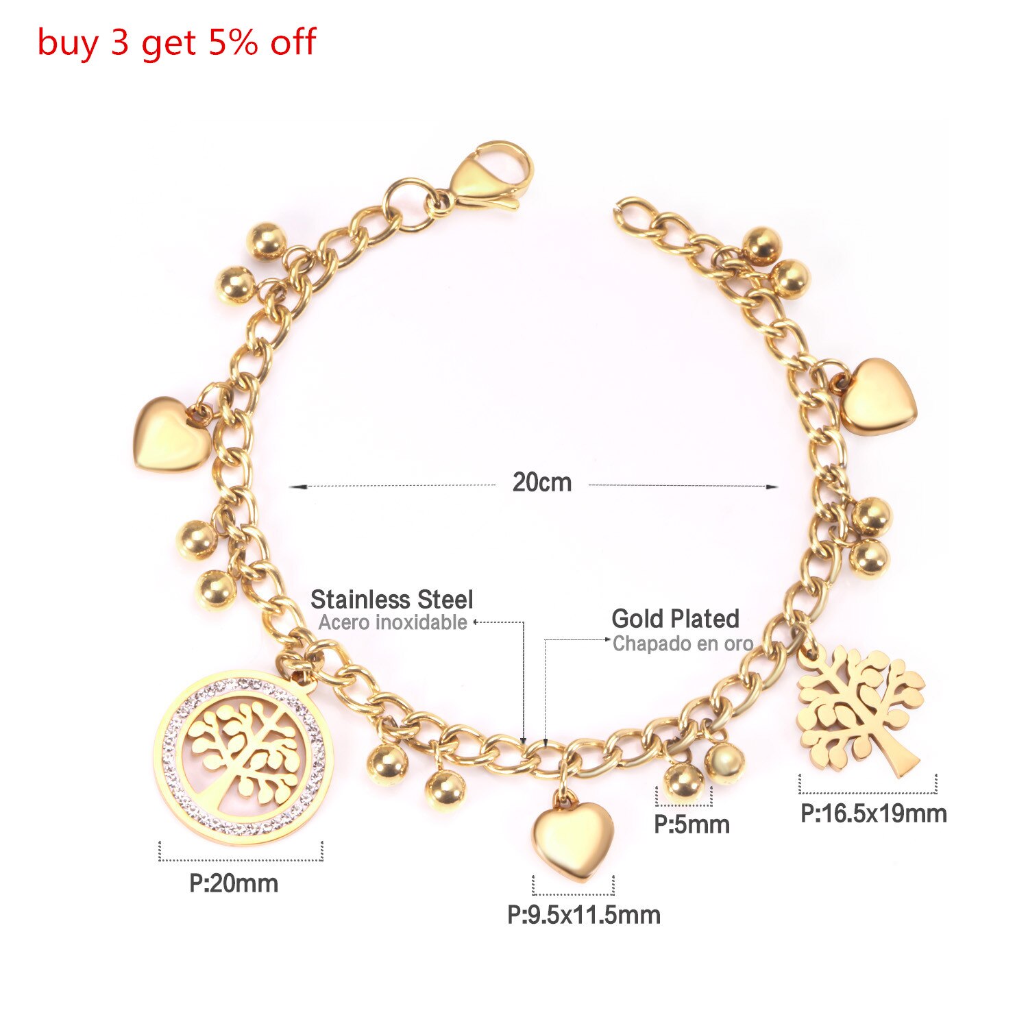 LUXUKISSKIDS Gold Chain Bracelets Tree Heart Charms Stainless Steel Bracelet For Women/Girl Femme Christmas Jewelry pulseras